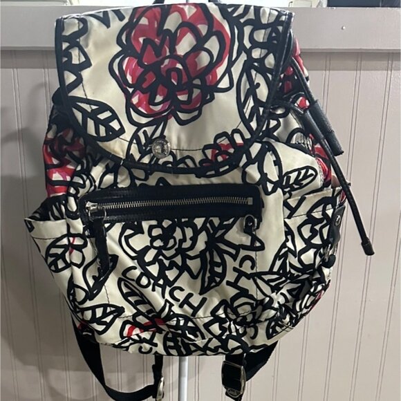 Coach Poppy Floral Black Red Backpack Print Front Zipper Adjustable Straps - Picture 1 of 15